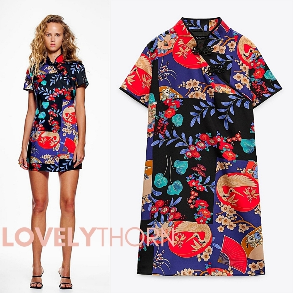 ZARA // ltd ed floral asian-inspired satin-effect short sleeved mini dress